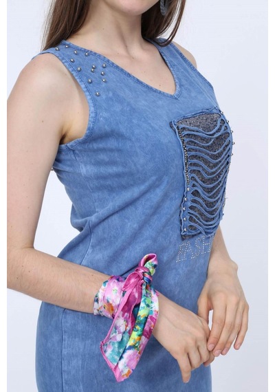 Mia Butik Kadın V Yaka Kare Pul Payetli Mavi Elbise-683 Mavi