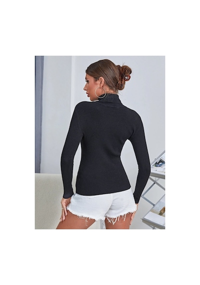 Hanclo Kadın Fitilli Balıkçı Yaka Slim Fit Triko Kazak Siyah