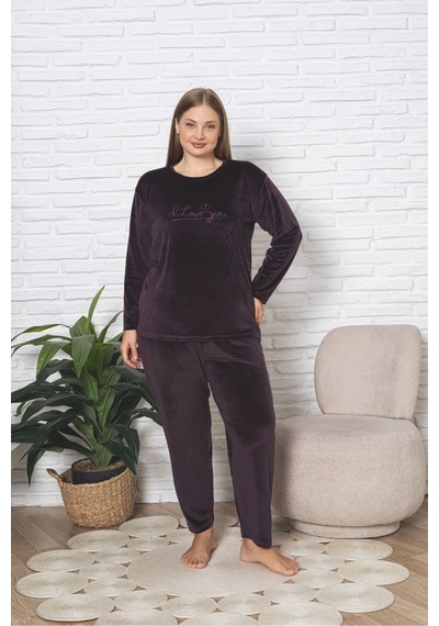 Büyük Beden Kırmızı Likralı Soft Kadife Pijama Takımı Mürdüm