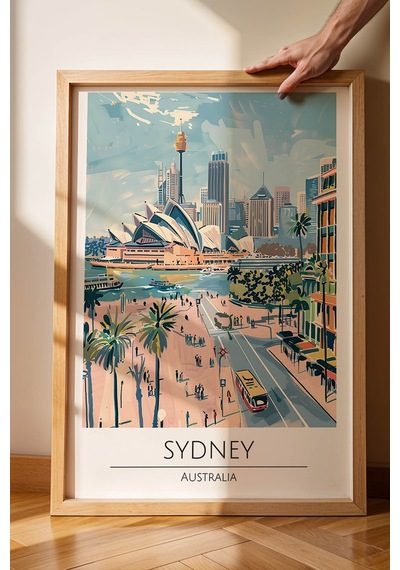Avustralya Sydney Temalı Çerçeveli Tablo Travel Serisi Modern İllüstrasyon Şehir Duvar Dekoru Kayın