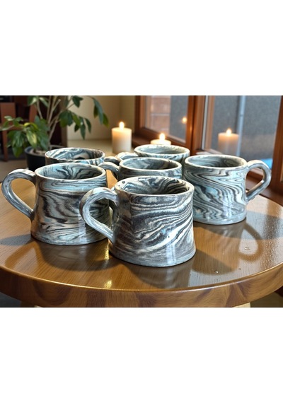 2'li Nerikomi El Yapımı Stoneware Fincan Siyah - Krem - Açık Mavi