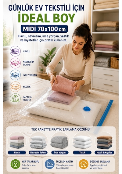Midi Boy Vakumlu Hurç 70x100 Cm 1 Adet Çift Kilitli Vakum Poşeti Nevresim Havlu Saklama Çuvalı Şeffaf