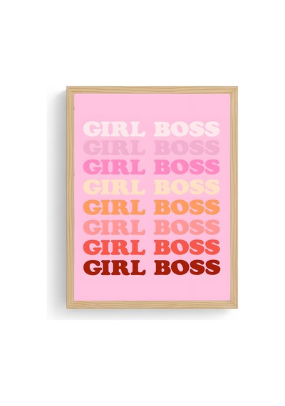 Doğal Ahşap Çerçeveli Retro Pop Art Tablo - Girl Boss Sloganı Yazı Huhu2830