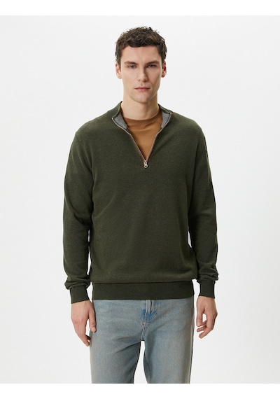 Koton Yarım Fermuarlı Kazak Slim Fit Uzun Kollu Dirsek Detaylı Haki 4sam70005ht Haki