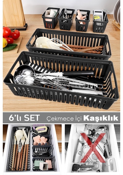 6 Parça Modüler Kaşıklık Seti - Çok Amaçlı Çekmece İçi Düzenleyici Mutfak Organizer Kepçelik Siyah