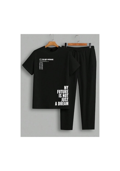 Caddekombin Erkek My Future Is Not Just Baskılı T-shirt Eşofman Altı Jogger Rahat Kalıp Siyah Eşofman Takım Siyah