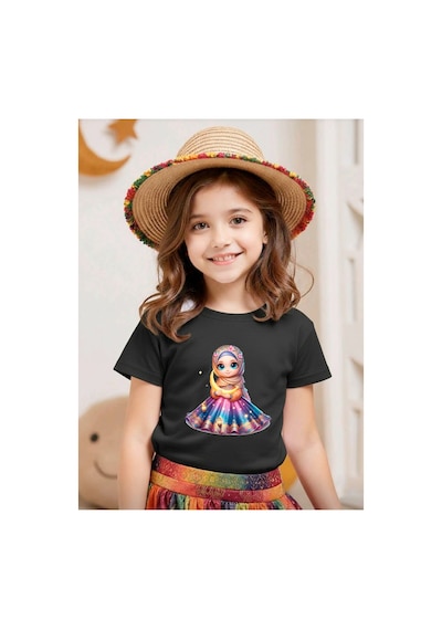 Stil-x Ramazan Bayramı Baskılı Kız Çocuk Tshirt, %100 Pamuklu Kumaş Siyah-21