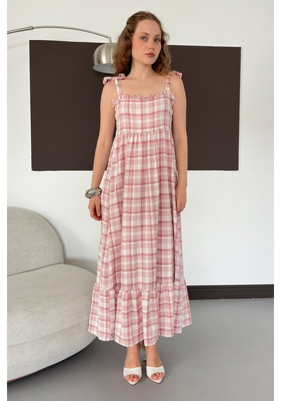 Verymoda Kadın Ekose Desenli Askı Bağlama Detaylı Maxi Elbise Pembe