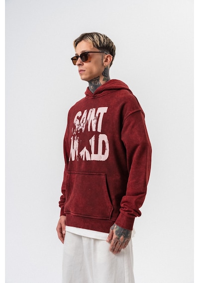 Respire Erkek Star Baskılı Yıkamalı Kapüşonlu Oversize Hoodie Bordo