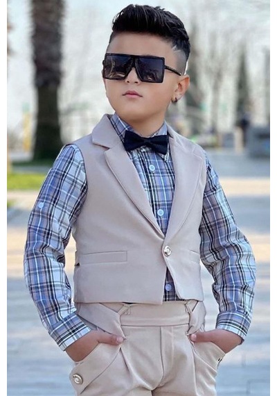 Riccotarz Erkek Çocuk Gümüş Düğme Detaylı Yelek Papyonlu Ekose Çizgili Gömlek Krem Alt Üst Takım Krem Riccotarz Erkek Çocuk Gümüş Düğme Detaylı Yelek Papyonlu Ekose Çizgili Gömlek Krem Alt Üst Takım Krem