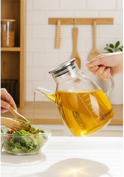 2li Slikon Ağızlık Metal Kapak Borosilikat Yağdanlık 1000 Ml Şeffaf