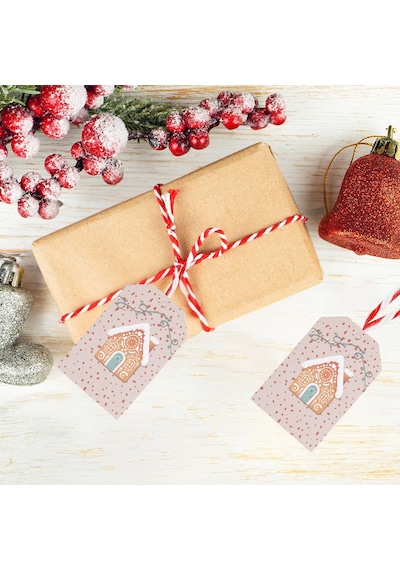 Yılbaşı Ev Temalı Hediye Etiketi, Yeniyıl, Noel Delikli Paketleme Kartı, 50 Adet-4.8x7.5 Cm, Krem