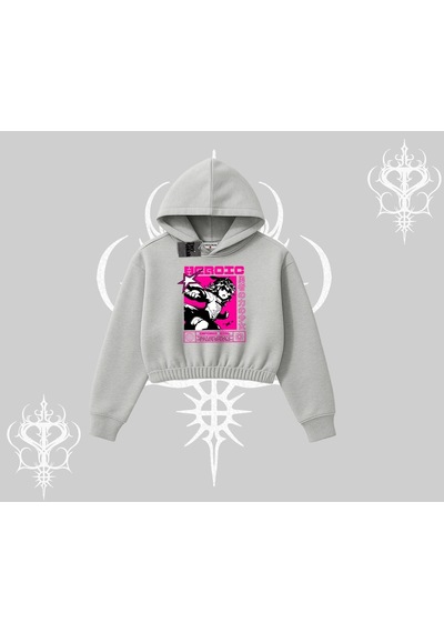 Startmore Kapşonlu Crop Sweatshirt Heroic Anime Girl Japon Stil Grafik Baskılı Gri