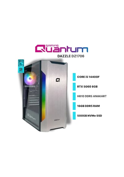 Quantum Gaming DAZZLE DZ1706 i5-14400F 16 GB 500 GB NVMe RTX5060 Free Dos Masaüstü Oyuncu Bilgisayarı