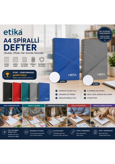 A4 Okul Defteri Spiralli 144 Sayfa Dayanıklı Pp Kapak 8'li Paket Çok Renkli