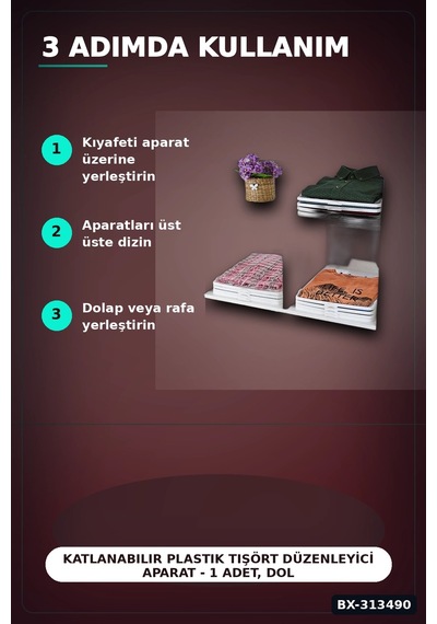 Katlanabilir Plastik Tişört Düzenleyici Aparat - 1 Adet, Dolap İçi Organizer Bx-313490 Beyaz