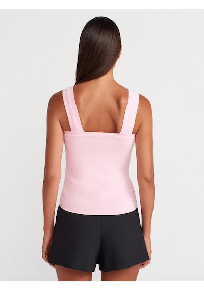 Dilvin 10770 Kare Yaka Askılı Triko Bluz-pembe Pembe