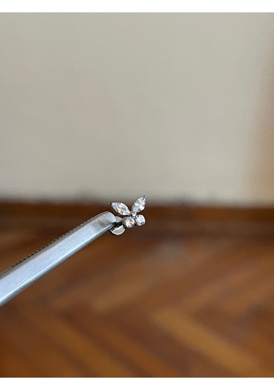 %100 G23 Titanyum Zirkon Baget Taşlı Pırlanta Model Kelebek Detay Kıkırdak Conch Tragus Piercing Beyaz Altın
