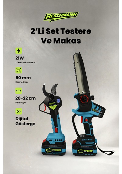 R-9908-9108 2'li Set Şarjlı Testere Ve Budama Makası 21v - 3.0 Ah - Dijital Göstergeli
