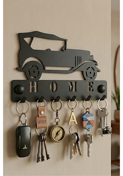 İondesign Araba Temalı Metal Anahtarlık Askılığı Siyah 6 Askılı Modern Duvar Dekoru Siyah