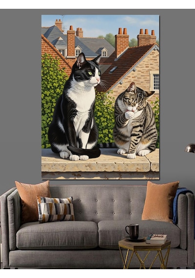 Ahşap Tablo Duvar Üstünde İki Kedi