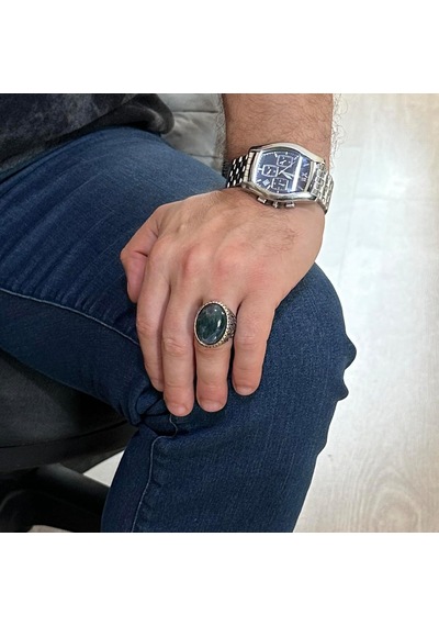 Moss Agate Doğal Taş Yüzük, 925k Katı Gümüş Erkek Yüzüğü, El Yapımı Şıklık Gümüş