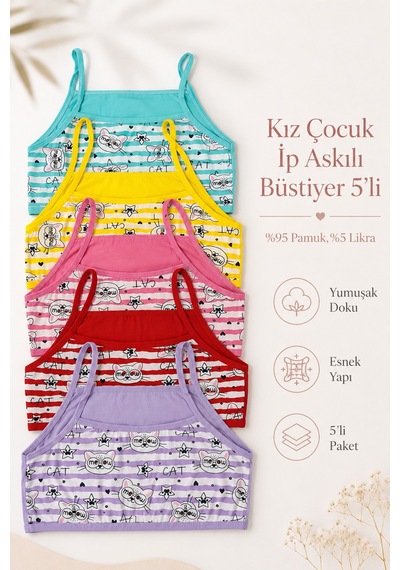 Nicoletta Kız Çocuk Büstiyer İp Askılı Baskılı Pamuklu Likralı Pembe