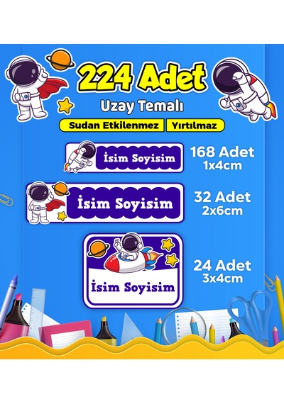 Uzay Temalı Okul Kreş Kişiye Özel İsim Etiket Seti - Model 528 Çok Renkli
