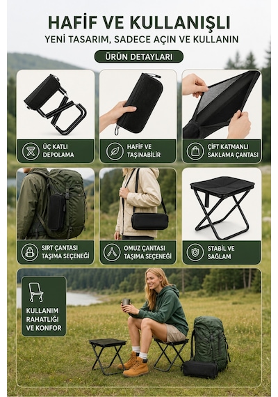 Kamp Taburesi Çantalı Katlanır Taşınabilir Hafif Dayanıklı Kaymaz Ayaklı Outdoor Oturma Sandalyesi Siyah