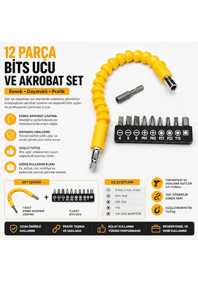 12 Parça Bits Ucu Ve Akrobat Seti Esnek Vidalama Aparatı Manyetik Uç Seti