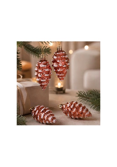 Kozalak Figürlü Yılbaşı Ağaç Süsü 5'li Set Rose Gold / Bakır Kar Efektli Asma Süsler 7.5 Cm Diğer