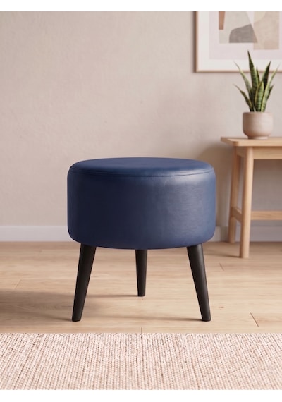 Modern Gri Deri Puf Tabure Ahşap Siyah Ayaklı Yuvarlak Puf 40x42 Cm Lacivert