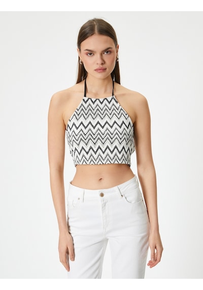 Koton Halter Yaka Kroşe Crop Top Desenli Yandan Fermuarlı Siyah Desenli 4sal30049ık Siyah