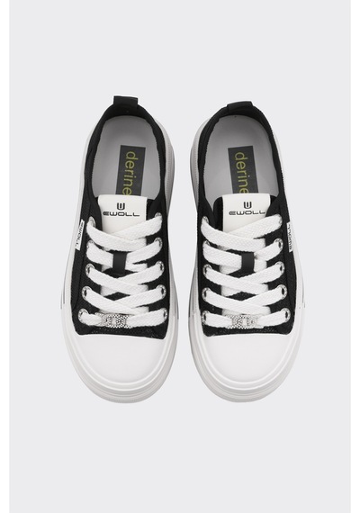 Derinet Bağcıklı Taş Aksesuarlı Kadın Sneaker Siyah Siyah