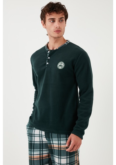 Buratti Ekoseli Regular Fit Düğmeli Bisiklet Yaka Kışlık Polar Erkek Pijama Takımı 60961008 Yeşil