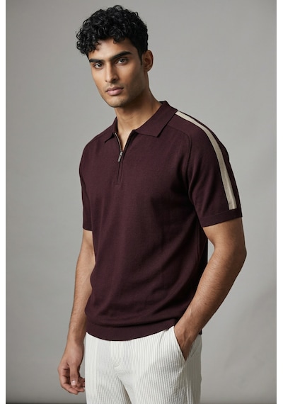 Jeus Erkek Yakalı Fermuarlı Triko Bordo Tshirt