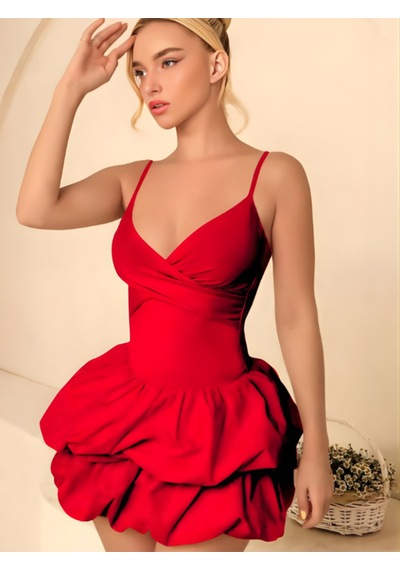 Kadın Balon Etekli Kırmızı Gece Elbisesi Kırmızı