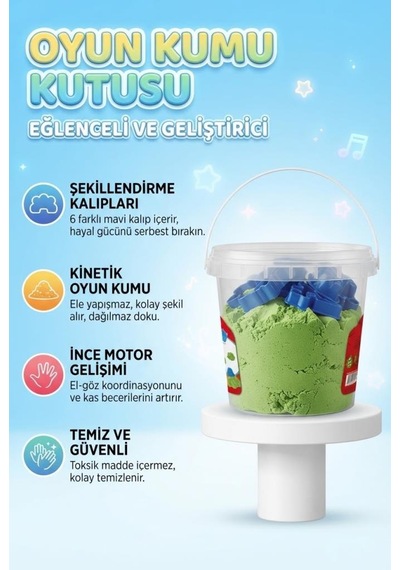 6 Kalıp Hediyeli Kinetik Oyun Kumu Kolay Temizlenen Parlak Kurumayan Güvenli Eğitici Oyuncak Kum Yeşil