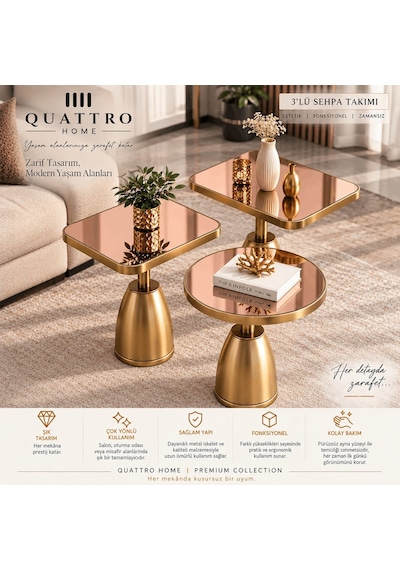 Quattro Home Rose Ayna Gold Metal Ayaklı 3'lü Dekoratif Sehpa Takımı Modern Orta Seti Abanoz Quattro Home Rose Ayna Gold Metal Ayaklı 3'lü Dekoratif Sehpa Takımı Modern Orta Seti Abanoz