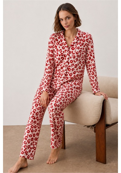 Fit Women Kadın Gömlek Yakalı Uzun Kollu Kırmızı Pijama Seti