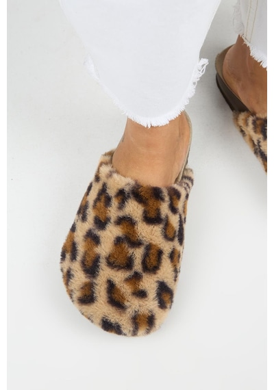 Manijero Leda Kadın Peluş Düz Taba Leopar Terlik Taba - Leopar