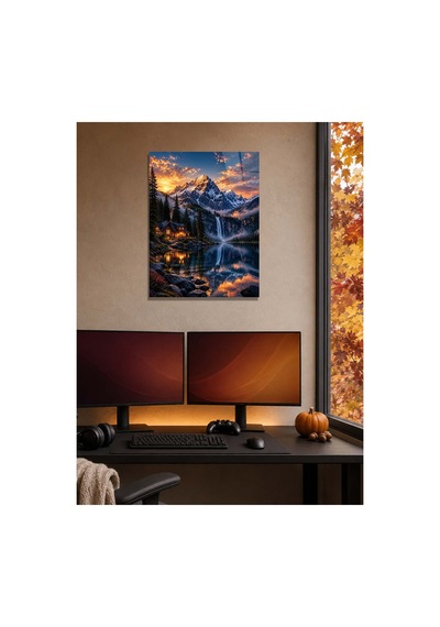 Gün Batımında Dağ Evi Ve Şelale Metal Tablo - Dekoratif Duvar Tablosu Çok Renkli - 929802953 Çok Renkli - 929802953 Çok Renkli
