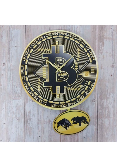 CajuArt Bitcoin Temalı Sallanan Sarkaçlı Ahşap Duvar Saati Hediye Sarı