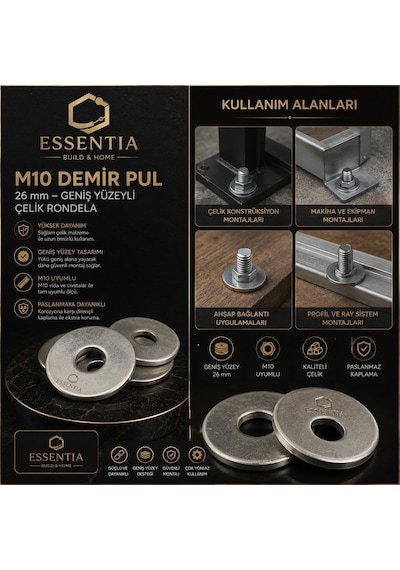 M10 Demir Pul 26 Mm Geniş Yüzeyli Çelik Rondela 20 Adet Çoklu Renk