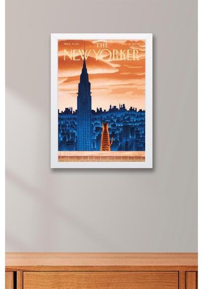 The New Yorker Çerçeveli Tablo January 12 2009 - Büyük Şehir Manzarası İzleyen Kedi Tablosu