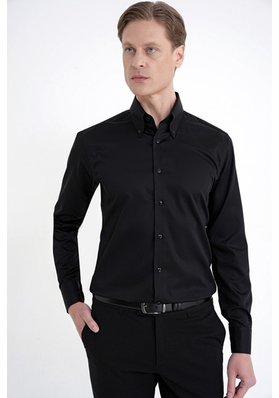 Slim Fit Düğmeli Yüksek Yaka %100 Pamuk Saten Düz Siyah Gömlek Gk 760