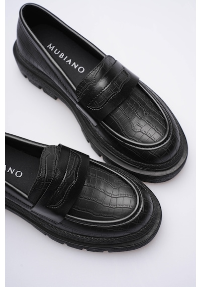 Kadın Deri Loafer Oxford Krokodil Desenli Kalın Comfort Tabanlı Siyah Carmin Siyah