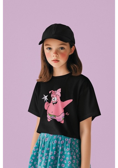 Sevbano Süngerbob Patrick Baskılı Unisex Çizgi Film Çocuk Tişört 1-12 Ya Siyah