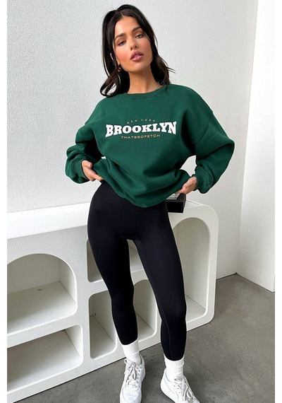 Brooklyn Thatssofetch Sweatshirt - Yeşil Baskılı Oversize Bisiklet Yaka Yeşil