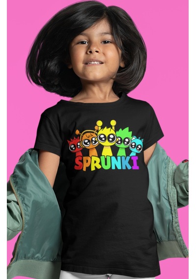 Sevbano Sprunki Oyun Baskılı Unisex Çocuk Tişört 1-12 Yaş Siyah